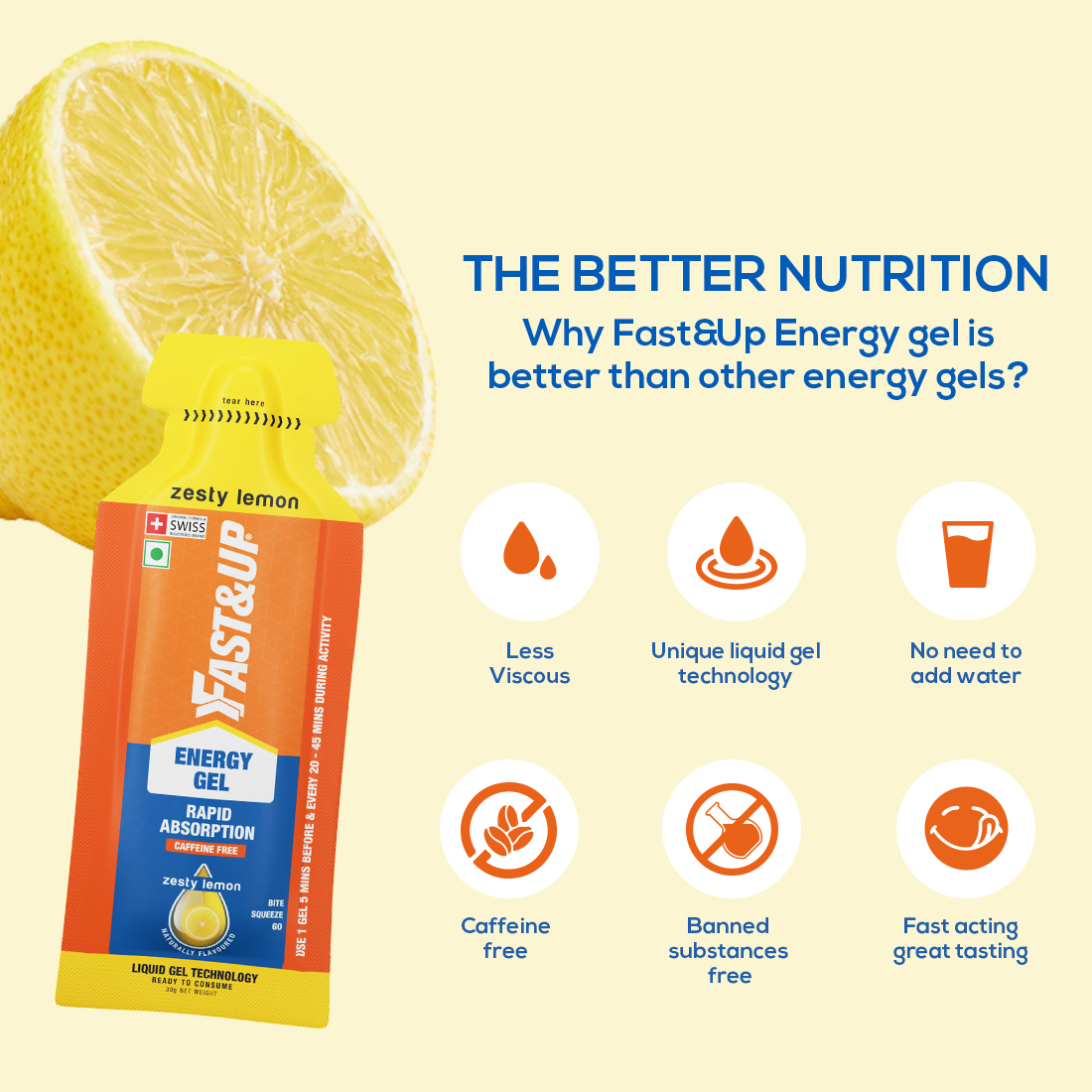 Fast&Up Energy Gel- Zesty Lemon Flavor- Instant Energy Booster -Improved Endurance And Performance